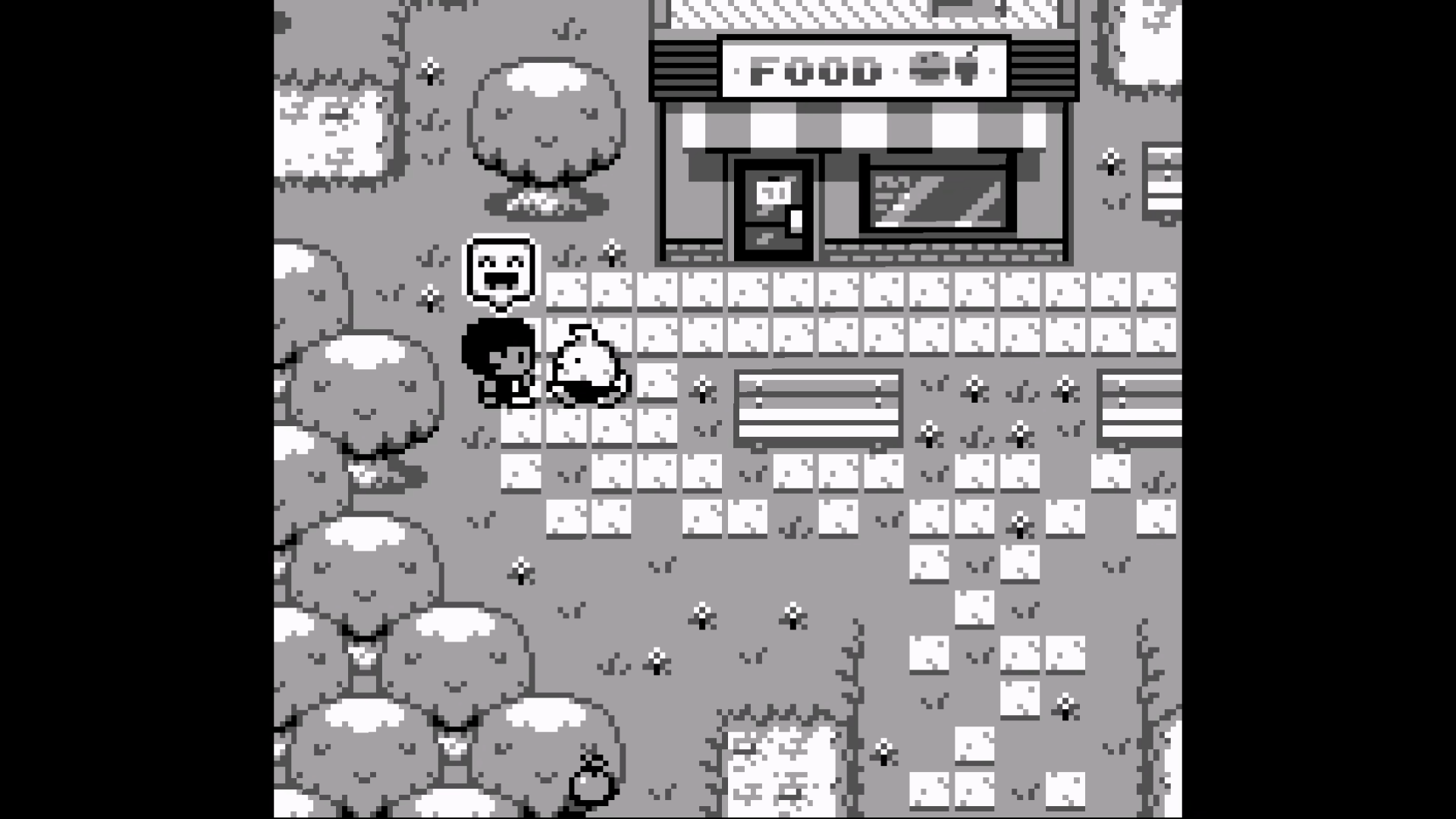 Your friend near the burger joint smiles at you with an emoji.