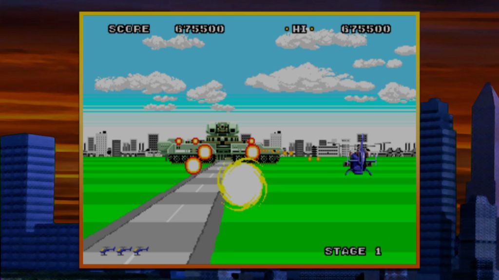 Super Thunder Blade - Flying around the first mini-boss. The yellow beam of light it fires makes an irritating sound, by the way.