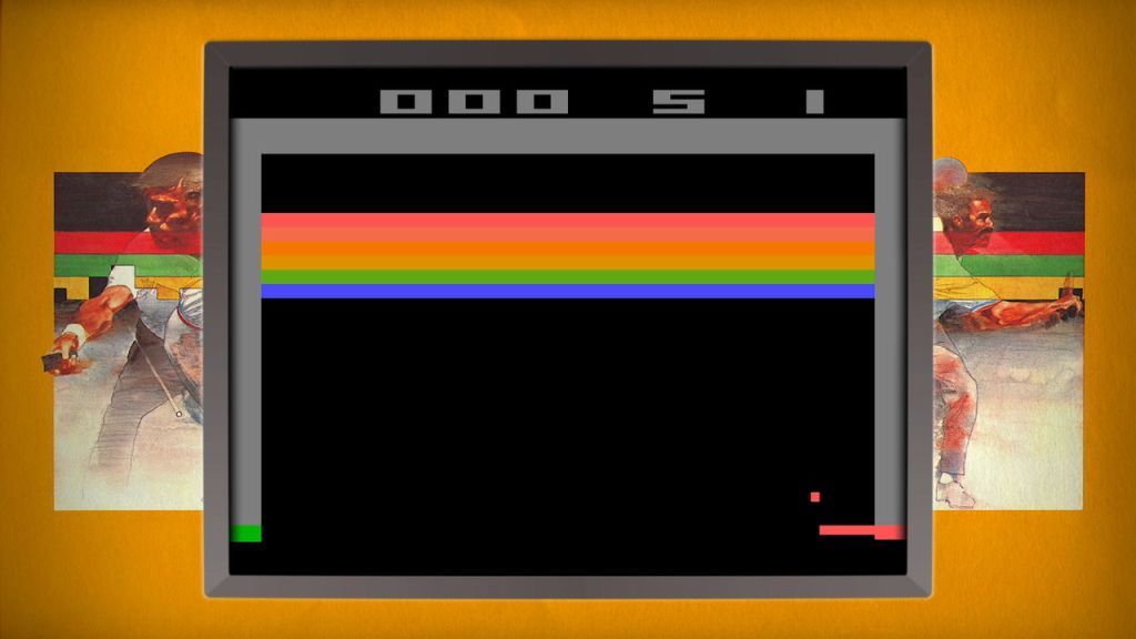 Breakout (2600) - This is how the game starts. Notice the rainbow of blocks with no breaks between them.