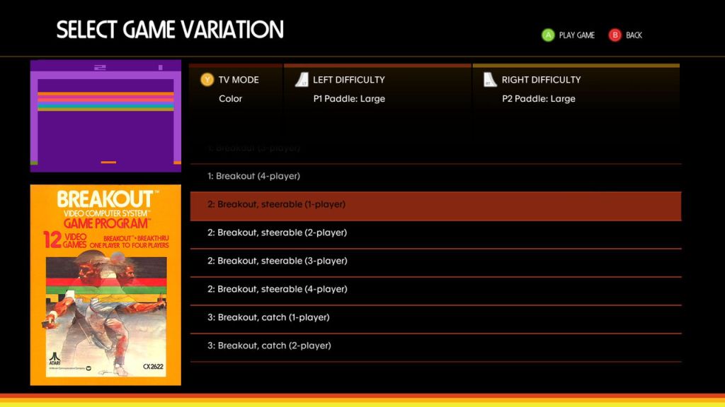 Breakout (2600) - Various game modes are available, thus adding diversity to the gameplay. Other options like paddle size are also available.