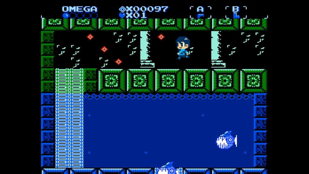 PLOID - This is where I decided I was done with the game. I only have one hit point left, and to progress, I have to get by the fish that is blocking the ladder. I cannot aim down to shoot it.