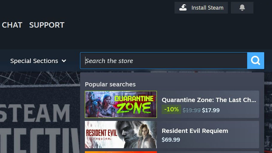 Steam on a PC - 2) At the top-right, click on Search the store and then choose the magnifying glass.