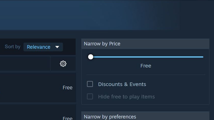 Steam on a PC - 4) Move the Narrow by Price slider all the way to the left to only show Free games.