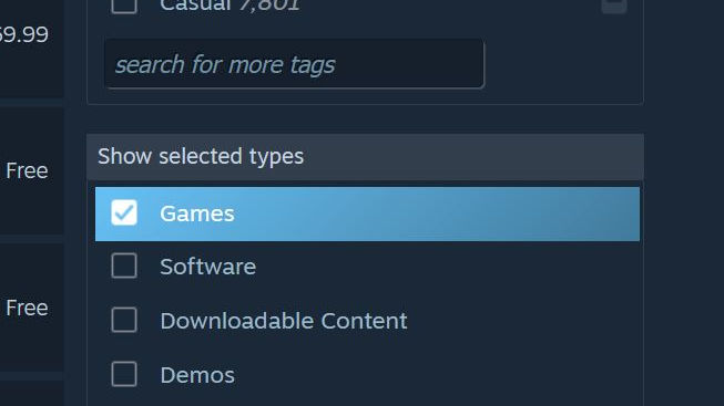 Steam on a PC - 5) Still on the right side, there will be a filter for Show selected types. Choose the Games option.