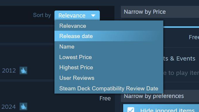 Steam on a PC - 6) Back at the top, at the Sort by dropdown, change Relevance to Release date.