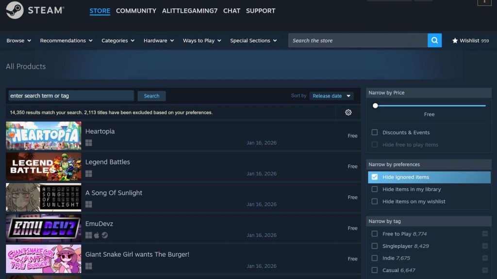 Steam on a PC - 7) You will now see a list of all the free games in order of newest to oldest.