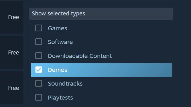 Steam on a PC - Other Options #2 - If you want demos, you can change Games to Demos in the Show selected types section.