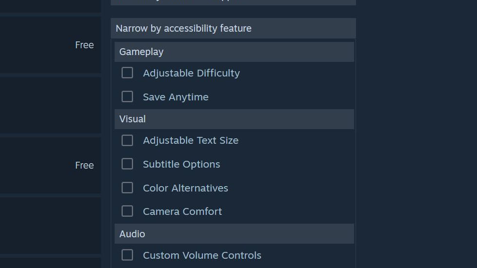 Steam on a PC - Other Options #5 - There's also options for filtering by accessibility feature.