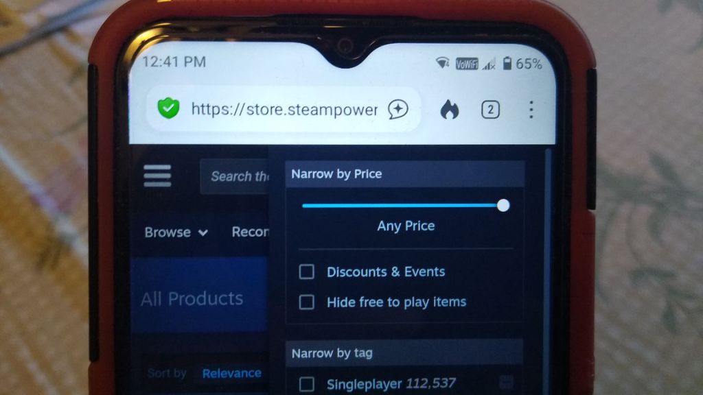 Steam on a Phone - 7) A set of options will appear on the side. At the top you will see a Narrow by Price scroll bar.