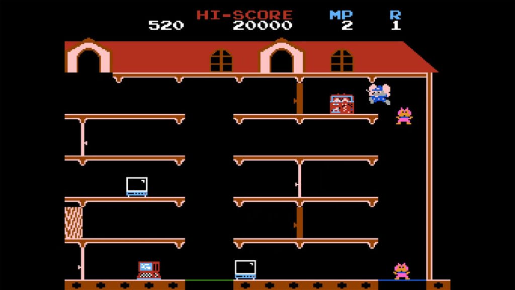 Mappy (NES) - Goro is hiding behind one of the stolen goods, get him!
