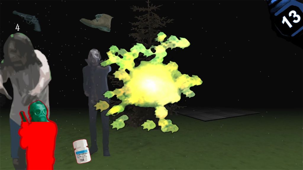 One Rotten Oath - Blasting away at the zombies in one of the roaming stages. The big explosion near the center of the screen is from firing your gun.