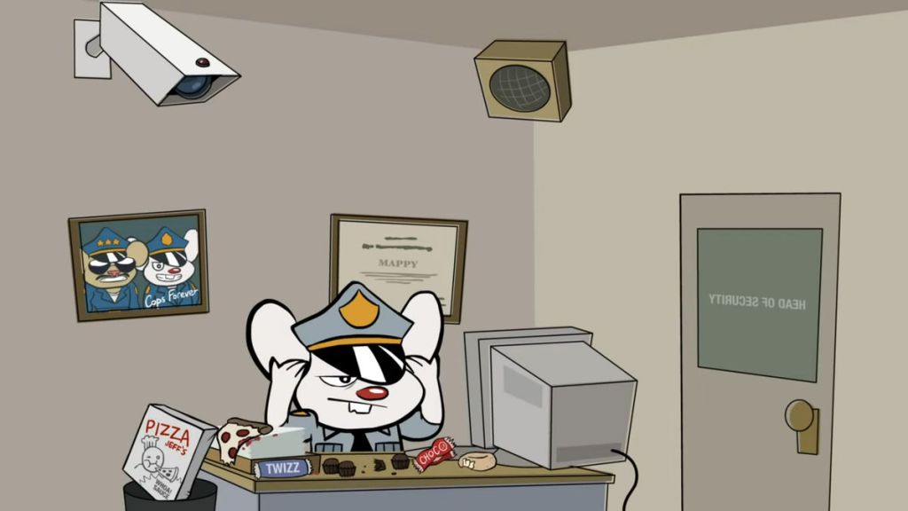 Mappy: The Beat - Goro told Mappy to cover his ears so he could tell all the other employees at Nyamco a secret over the PA system. It looks like Mappy has been eating too much junk food lately…