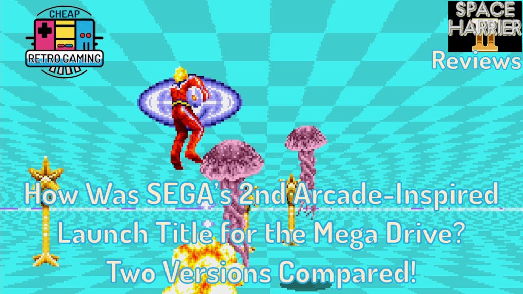 This is the header image for my Space Harrier II reviews. The top-left of the image shows the blog logo, with the top-right showing the Space Harrier II title screen and the word “Reviews” below the name of the game. The image used shows the player character blasting at some large jellyfish-looking enemies with evil starfish trees in the background, as odd as that is. The text at the bottom reads, “How was SEGA’s 2nd arcade-inspired launch title for the Mega Drive? Two versions compared!”